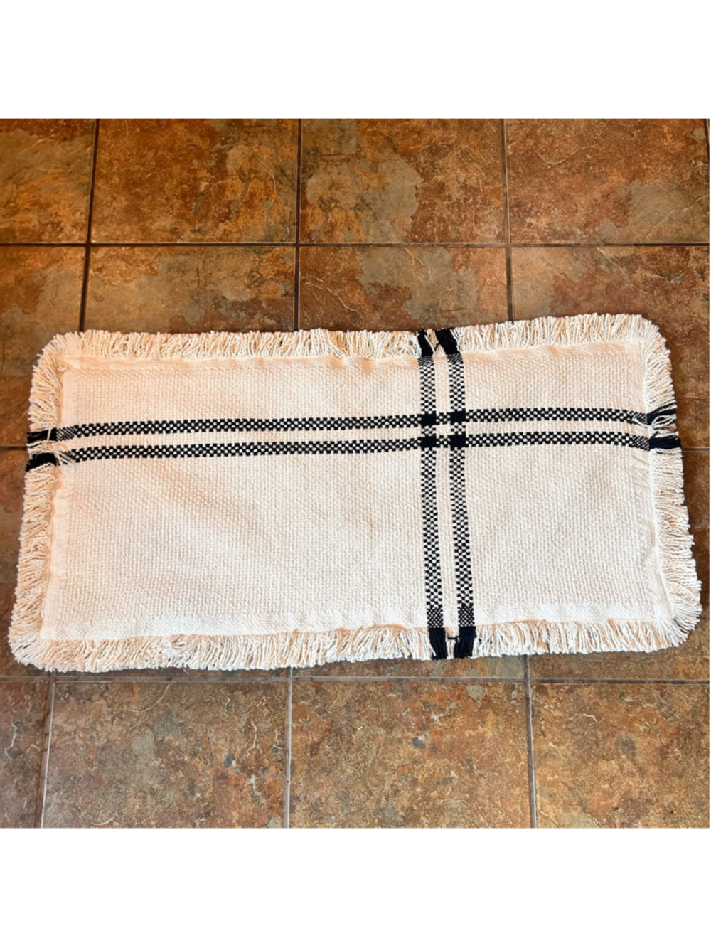 Crate & Barrel Knit Weekend Accent Pillow Black Plaid Cotton Fringe Boho